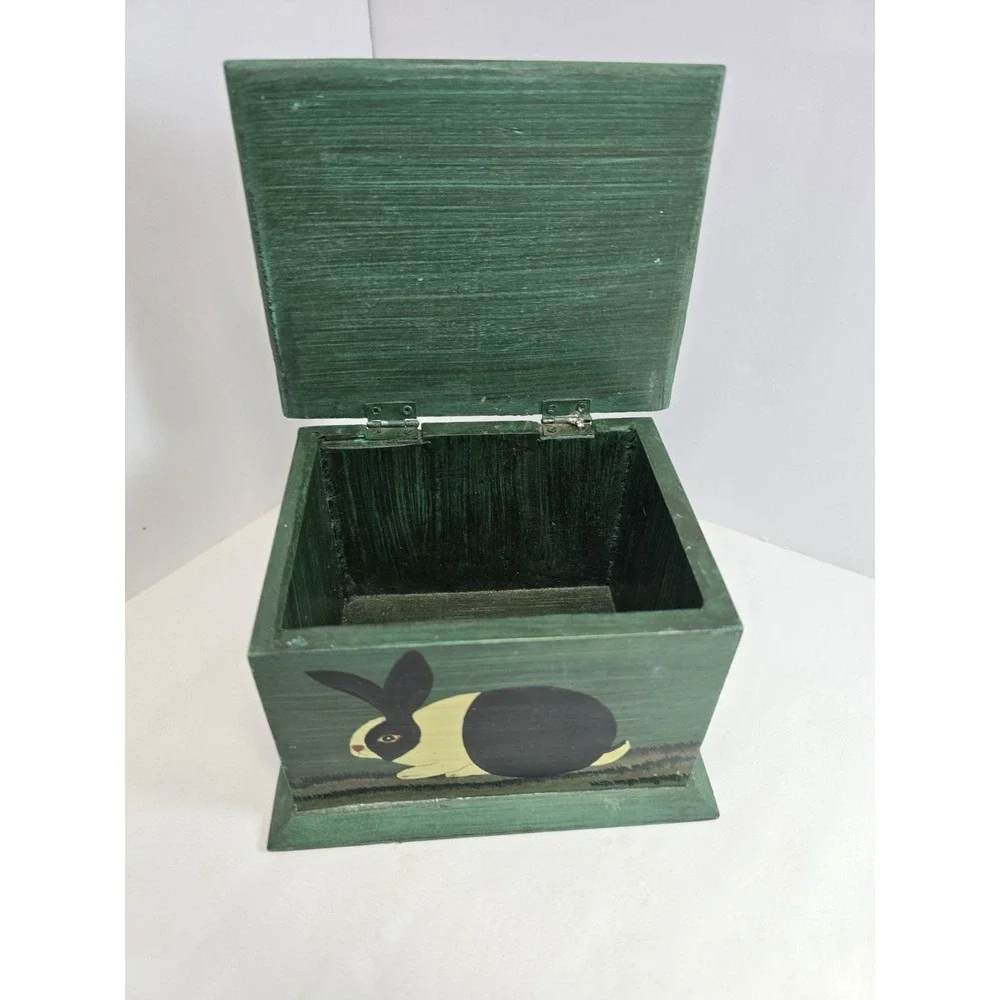 Vintage Hand Painted Wood Rabbit Box Folk Art Bunny Hinged Trinket Storage Decor